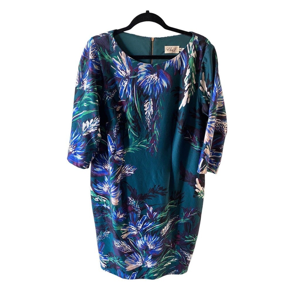 Eliza J Dress 14W Green Floral Sheath 3/4 Sleeve Career Cocktail Wedding Guest